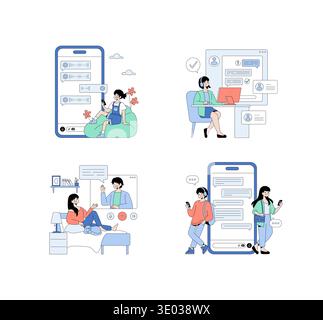 Illustrazione vettoriale che raffigura vari scenari di comunicazione digitale. Personaggi impegnati in chat online, videochiamate e interazioni sui social media, mostrando l'uso e la connettività della tecnologia moderna. Illustrazione Vettoriale