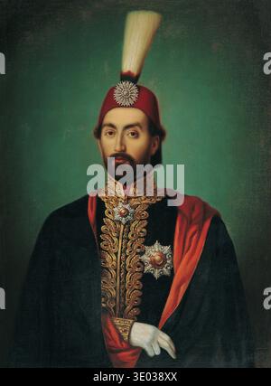 Questo dipinto regale ad olio del 1840 raffigura il sultano Abdulmecid, il 31° sultano dell'Impero Ottomano. È mostrato in un ritratto formale, adornato con un elaborato costume ottomano con un fez piumato e indumenti riccamente ricamati, che riflettono la grandezza e lo stile della metà del XIX secolo. Foto Stock