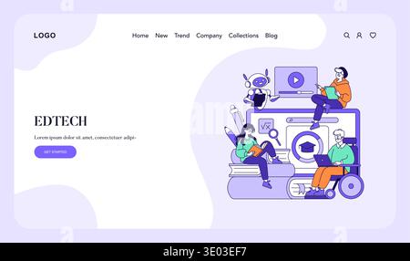 L'illustrazione vettoriale raffigura diversi individui impegnati in attività di tecnologia didattica. I personaggi interagiscono con i dispositivi digitali, simboleggiando l'apprendimento moderno e l'innovazione nell'istruzione. Illustrazione Vettoriale