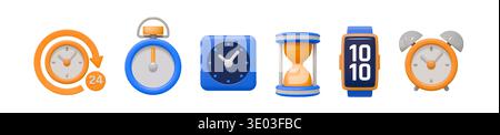 Icona allarme 3D. Ora della scuola. Rendering realistico della data o quadrante Gold timer. Semplice campanello d'ufficio. Attenzione. Conteggio accurato al minuto. Quadrante in vetro vetrata e orologio. Set di elementi timer in plastica vettoriale Illustrazione Vettoriale