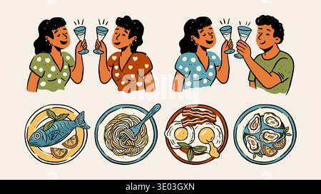 Festa degli amici cibo italiano in Sketch retro Doodle Style Cartoon Vector Celebration Set Illustrazione Vettoriale