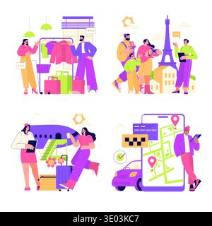 Immagine vettoriale vibrante che raffigura vari scenari di viaggio. Le persone acquistano vestiti, esplorano una città, si preparano per i viaggi aerei e utilizzano mappe digitali. Perfetto per viaggi e stili di vita. Illustrazione Vettoriale