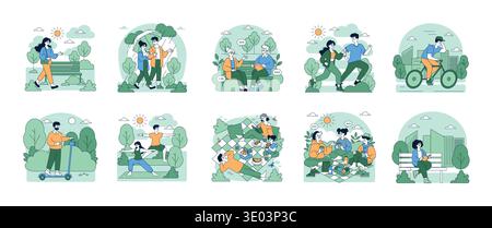 Illustrazione vettoriale che raffigura persone che si divertono in un parco. Le attività includono camminate, jogging, ciclismo, yoga, lettura, picnic e conversazioni, che mostrano diverse attività ricreative. Illustrazione Vettoriale