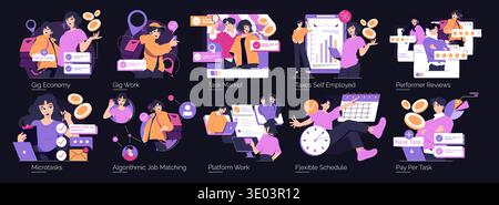 Le illustrazioni vettoriali raffigurano scene di persone che si impegnano in attività di economia degli spettacoli, gestiscono le pianificazioni, esaminano le prestazioni ed esplorano la corrispondenza algoritmica dei lavori in un mercato del lavoro dinamico. Illustrazione Vettoriale