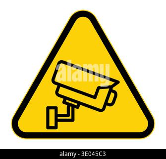 Questa immagine presenta un segnale di avvertimento triangolare giallo che mostra l'icona di una telecamera a circuito chiuso, che simboleggia le misure di sorveglianza e sicurezza per vari ambienti Illustrazione Vettoriale