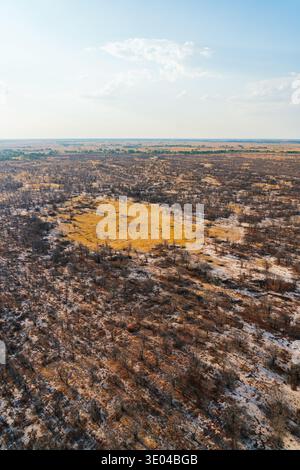 Un'affascinante vista aerea del Parco Nazionale del Delta dell'Okavango durante la stagione secca in Botswana, Africa. Il paesaggio presenta vivaci tonalità della terra A. Foto Stock