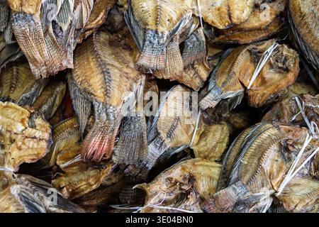 Immagine ravvicinata di una pila di pesce essiccato legato in fasci, esposta per la vendita in un mercato. I pesci sono disposti in modo visivamente attraente, Highlig Foto Stock