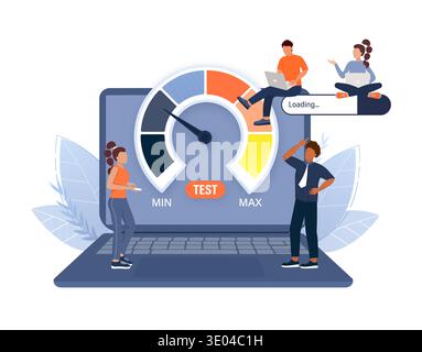 Persone che misurano la velocità di Internet e le prestazioni di rete con un tachimetro digitale e una barra di caricamento su un grande schermo di un notebook Illustrazione Vettoriale