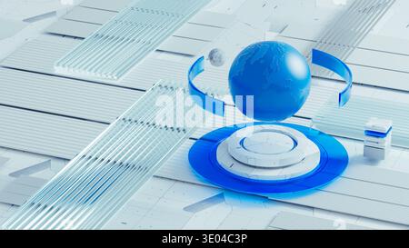 Un modello Terra 3D appare sopra uno sfondo astratto tecnologico con forme geometriche ed elementi di dati. La scena mostra un ambiente futuristico. Foto Stock