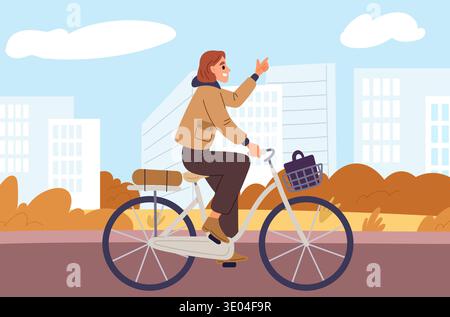 Una giovane donna corre in bicicletta per andare al lavoro nel parco cittadino con grattacieli sullo sfondo. Dipendente o studente in bicicletta. Ciclismo. Ciclista felice Illustrazione Vettoriale