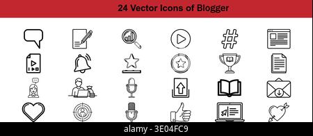 Raccolta di 24 icone vettoriali relative a blog e social media Illustrazione Vettoriale