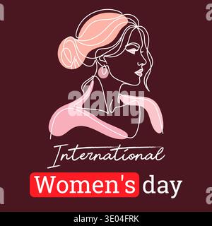 Questa elegante grafica per la giornata internazionale delle donne sfoggia una silhouette minimalista di una donna dalla linea bianca su sfondo scuro con accessori rosa Illustrazione Vettoriale