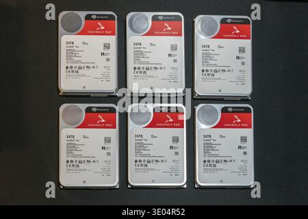 Sei dischi rigidi Seagate IronWolf Pro da 24 TB disposti su due file, ideali per lo storage collegato in rete e le applicazioni di data center. Foto Stock
