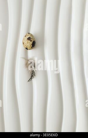 Composizione pasquale minima con uovo di zecca e piume setacciata su una superficie bianca ondulata astratta. Elegante concetto primaverile con texture naturali e grande copia Foto Stock