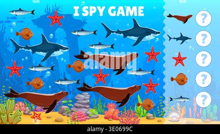 Spiavo il foglio di lavoro del gioco con i cartoni animati pesci marini e animali. Indovinello vettoriale dell'oceano per bambini, conta foche, squali, sardine, stelle marine e pesci piatti in una colorata scena sottomarina piena di vita marina e bolle Illustrazione Vettoriale