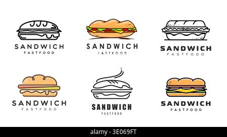 Icone sandwich di hamburger fast food Vector line, panino secondario, baguette, pane tostato e spuntini a base di panini. Fette di pane con carne, insalata di lattuga, formaggio e verdure delineano i simboli del fast food Illustrazione Vettoriale