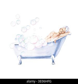 Illustrazione ad acquerello di una donna in posa rilassata che fa un bagno di bolle. Illustrazione isolata adatta per blog di bellezza, spa, marchi cosmetici Foto Stock