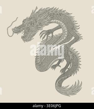 Antico drago giapponese, ispira il design per la tua azienda o per il tuo business. Illustrazione in stile disegno con incisione vintage Illustrazione Vettoriale