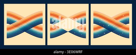 Confezione con 3 design quadrati. Strisce arcobaleno di colore arancione e blu. Illustrazione Vettoriale