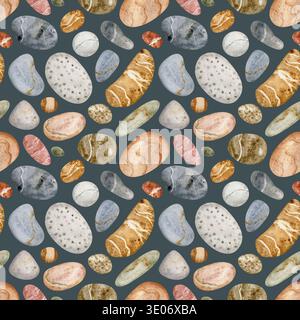 Motivo senza cuciture con ciottoli d'acquerello, pietre naturali da spiaggia su sfondo scuro Foto Stock