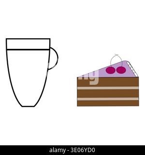Oggetto tazza di caffè. Torta a fette Vector. Icona bevande e cibo. Dolce dettaglio ciliegia. Illustrazione Vettoriale