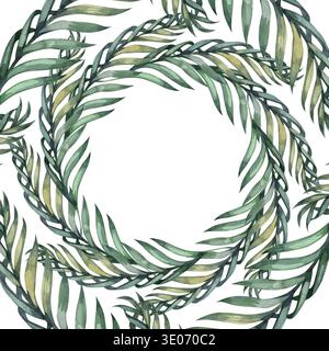 Cornice rotonda ad acquerello disegnata a mano fatta di lussureggianti rami di palma verdi e foglie tropicali. Questa corona botanica è perfetta per il matrimonio estivo Foto Stock
