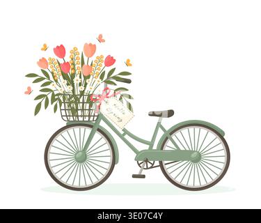 Bicicletta d'epoca con bouquet di fiori primaverili nell'illustrazione vettoriale del cesto. Illustrazione Vettoriale