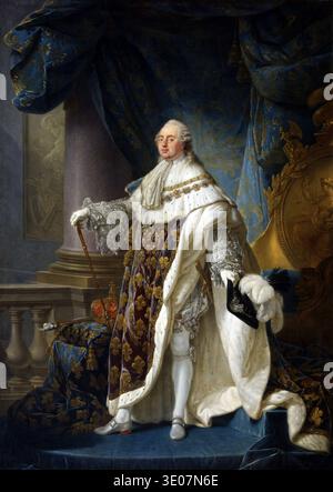 Questo grande ritratto a figura intera di Antoine-Francois Callet, del 1779 circa, raffigura re Luigi XVI di Francia e Navarra nel suo opulento costume reale. Il monarca si erge regalmente, adornato con abiti da incoronazione rifiniti in ermellino e con uno scettro, simboleggiando il suo potere e il suo diritto divino di governare durante la fine del XVIII secolo. Foto Stock