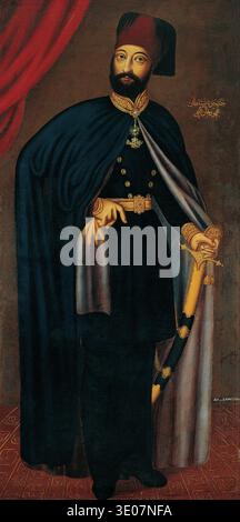 Questo ritratto del 1830, dipinto da Athanasios Karantzoulas, raffigura il sultano Mahmud II dell'Impero Ottomano. È mostrato in una posa formale, indossando un mantello scuro e un fez rosso, tenendo una spada riccamente ornata. Foto Stock