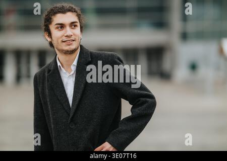 Giovane collaboratore d'affari in un cappotto in piedi fuori da un moderno edificio di uffici che sembra fiducioso e premuroso Foto Stock