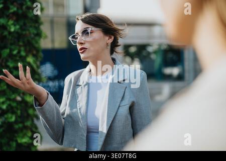 Donna professionista con blazer grigio chiaro parla all'aperto durante un incontro d'affari primaverile Foto Stock