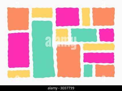 Set rettangolare ondulato di vibranti cornici astratte con morbide curve organiche. Moderna collezione vettoriale piatta di caselle di testo liquide e forme giocose in rosa, arancione, verde e giallo Illustrazione Vettoriale