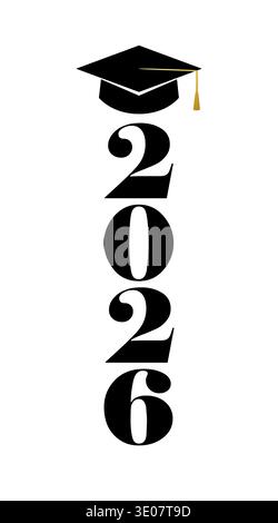 Classe 2026, gradazione di complimentazione, design verticale della cabina fotografica. Logo graduato 2026 con cappuccio accademico, modello creativo per cornice fotografica Illustrazione Vettoriale