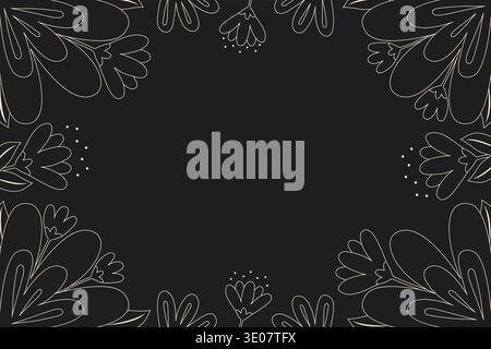 Elegante cornice floreale scura con illustrazione vettoriale decorata con fiori d'arte in linea dorata. Illustrazione Vettoriale