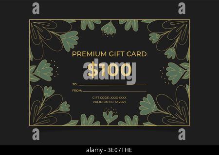 Modello di carta regalo premium con cornice floreale dorata su sfondo scuro. Illustrazione Vettoriale