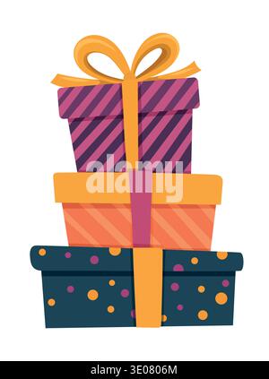 Pila di confezioni regalo colorate con nastri e bocce. Immagine vettoriale piatta festiva di confezioni confezionate isolate su sfondo bianco Illustrazione Vettoriale