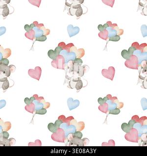 Motivo ad acquerello senza cuciture con graziosi topi che reggono palloncini cardiaci, perfetto per carta da parati per vivaio, carta da rivestimento per doccia per bambini, tessuti per San Valentino. Illustrazioni su sfondo bianco Foto Stock