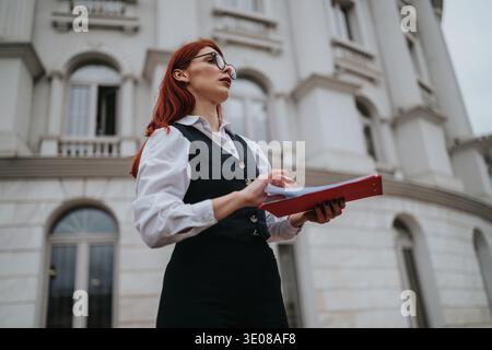 Donna d'affari sicura con capelli rossi e occhiali tiene una cartella rossa fuori da un grande edificio bianco Foto Stock