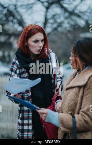Due donne discutono di documenti all'aperto con un pelo rosso in un cappotto a quadri, che sembra concentrato Foto Stock