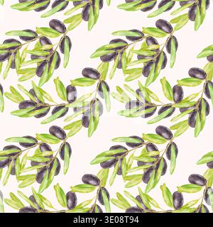 Motivo ad acquerello senza cuciture con rami di ulivo caratterizzati da olive nere e foglie verdi su bianco. Perfetto per il confezionamento di alimenti mediterranei, l'olio d'oliva Foto Stock