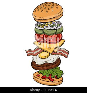 Un'illustrazione vettoriale di un delizioso hamburger fast food a strati con semi di sesamo sul panino, pancetta croccante, un uovo fritto, formaggio, pomodori, cubo Illustrazione Vettoriale