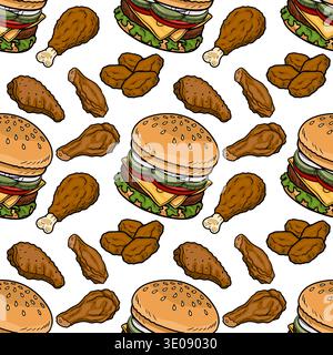 Fantasia vettoriale senza cuciture di deliziose cosce di pollo fritte e hamburger Illustrazione Vettoriale