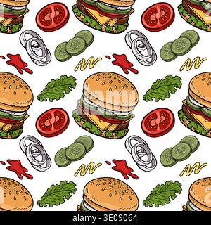 Fantasia vettoriale senza cuciture di hamburger deliziosi e ingredienti freschi, perfetta per design a tema alimentare. Illustrazione Vettoriale