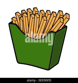 Illustrazione vettoriale di un cartone verde pieno di patatine fritte dorate, isolato su bianco Illustrazione Vettoriale