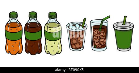 Set di bevande vettoriali per fast food: Bottiglie di bibite gassate, caffè freddo e tazze da asporto Illustrazione Vettoriale