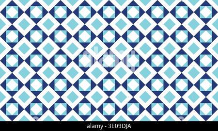 Motivo geometrico senza cuciture con forme di diamante blu e bianco in una griglia ritmica simile a un mosaico. Questo design vettoriale semplice e piastrellabile è perfetto per Illustrazione Vettoriale