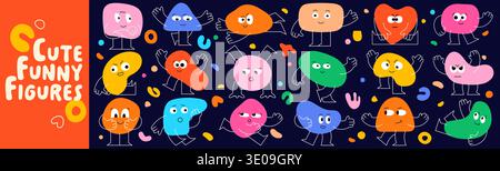 Pack con simpatici personaggi per bambini realizzati con semplici volti geometrici. Colorate i blobi con piccole zampe di bastone, grandi occhi ed emozioni divertenti su sfondo blu. Illustrazione Vettoriale
