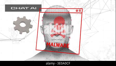 Visualizzazione del busto della testa 3D grigio centrato nell'interfaccia digitale, con l'icona rossa DEL cranio dell'interfaccia utente MALWARE Foto Stock