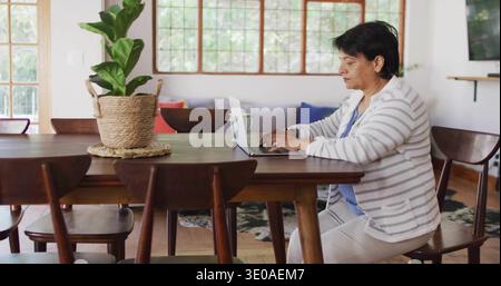 Donna indiana anziana seduta al tavolo da pranzo scrivendo su un computer portatile con tazza e pianta, copia spazio Foto Stock