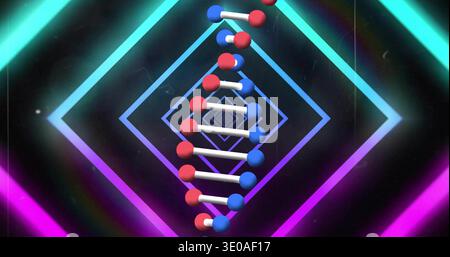Modello a elica rotante a DNA luminoso in studio astratto, con telai diamantati al neon, travi colorate, grana Foto Stock